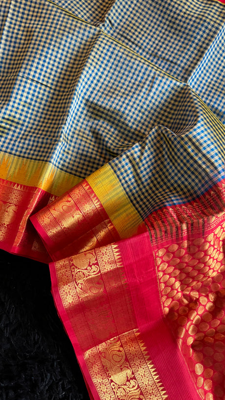 Navy Blue Podi Kattam Silk Cotton Kanchipuram