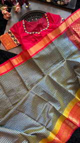 Navy Blue Podi Kattam Silk Cotton Kanchipuram