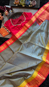 Navy Blue Podi Kattam Silk Cotton Kanchipuram