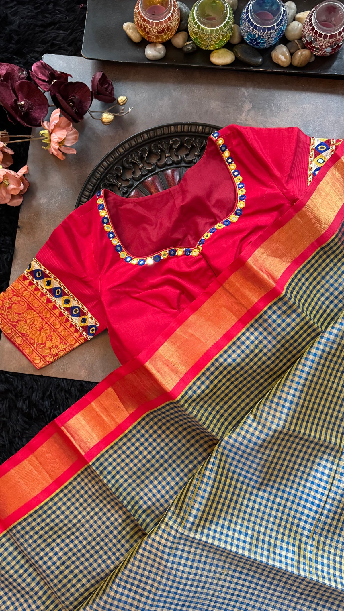 Navy Blue Podi Kattam Silk Cotton Kanchipuram