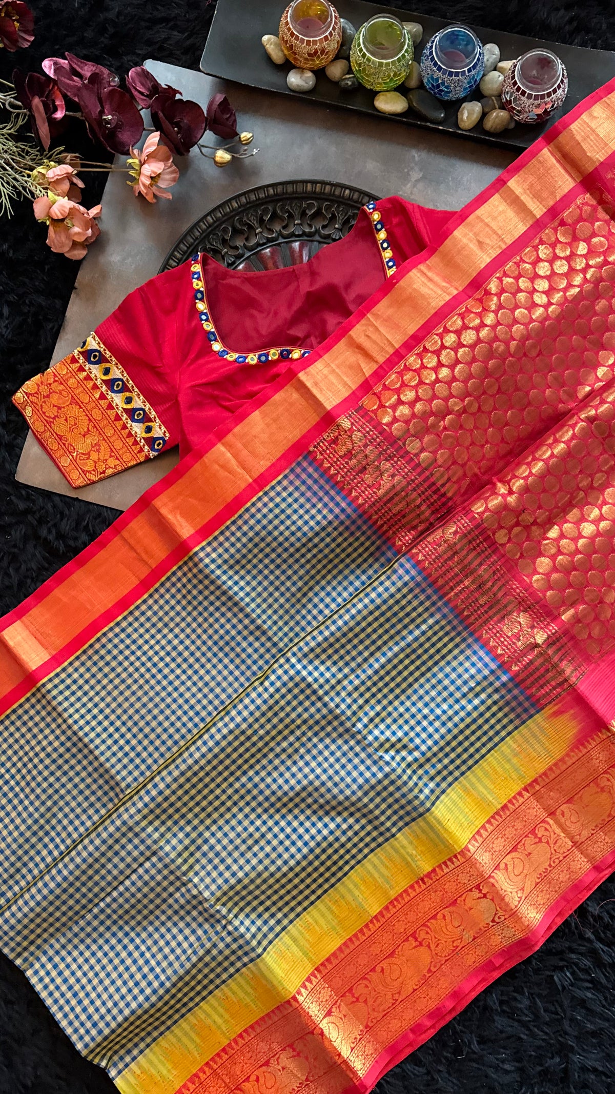 Navy Blue Podi Kattam Silk Cotton Kanchipuram