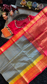 Navy Blue Podi Kattam Silk Cotton Kanchipuram