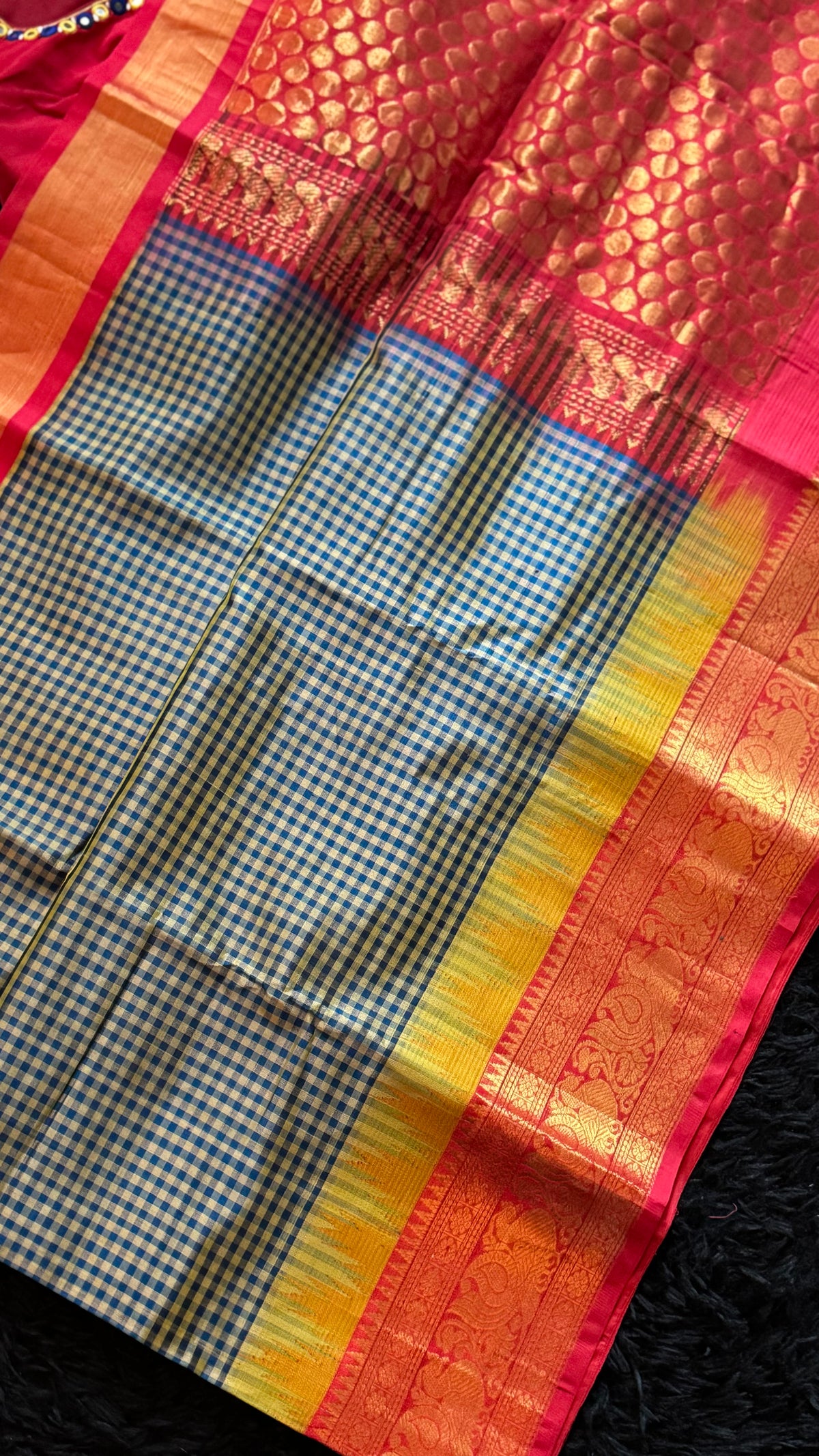Navy Blue Podi Kattam Silk Cotton Kanchipuram
