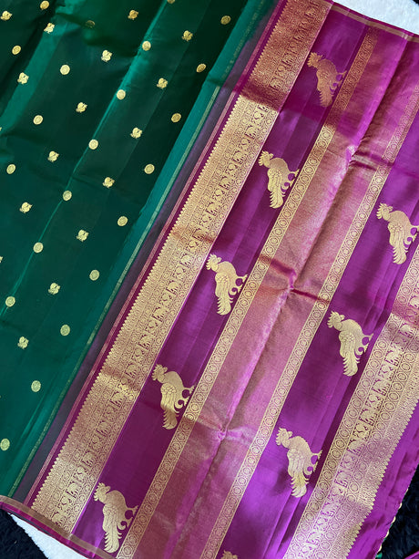 Green Korvai Borderless With Wine Killi Motif Kanchipuram Pure Silk