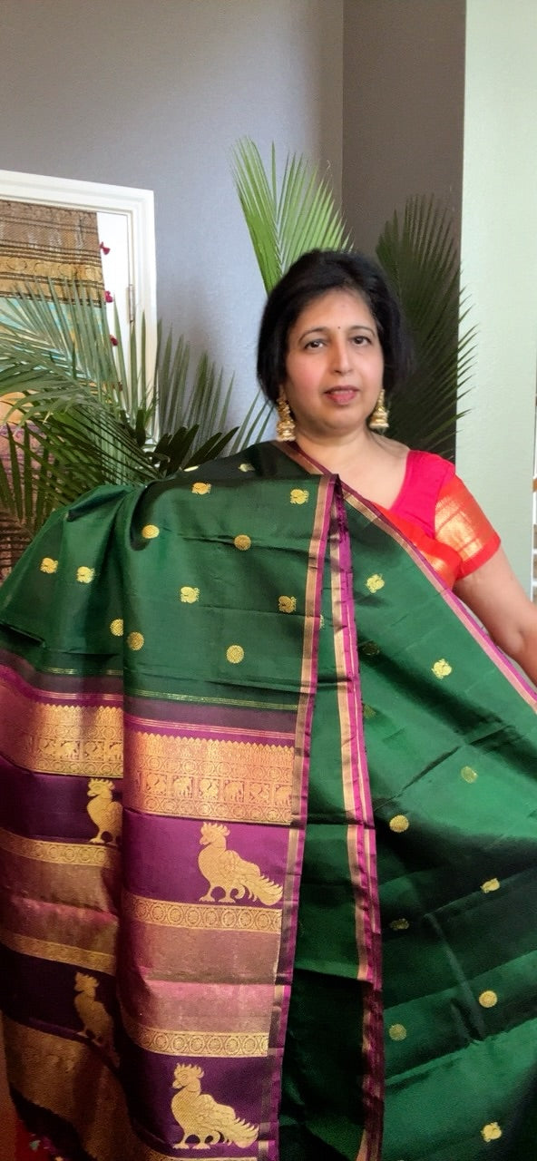 Green Korvai Borderless With Wine Killi Motif Kanchipuram Pure Silk