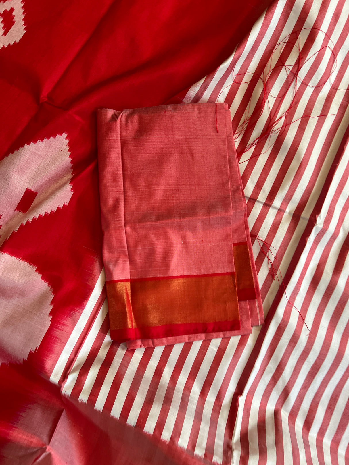 Red White Cambodian Design Ikkat Handloom Pure Silk