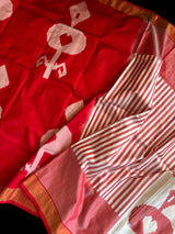 Red White Cambodian Design Ikkat Handloom Pure Silk