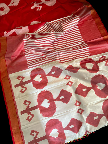 Red White Cambodian Design Ikkat Handloom Pure Silk