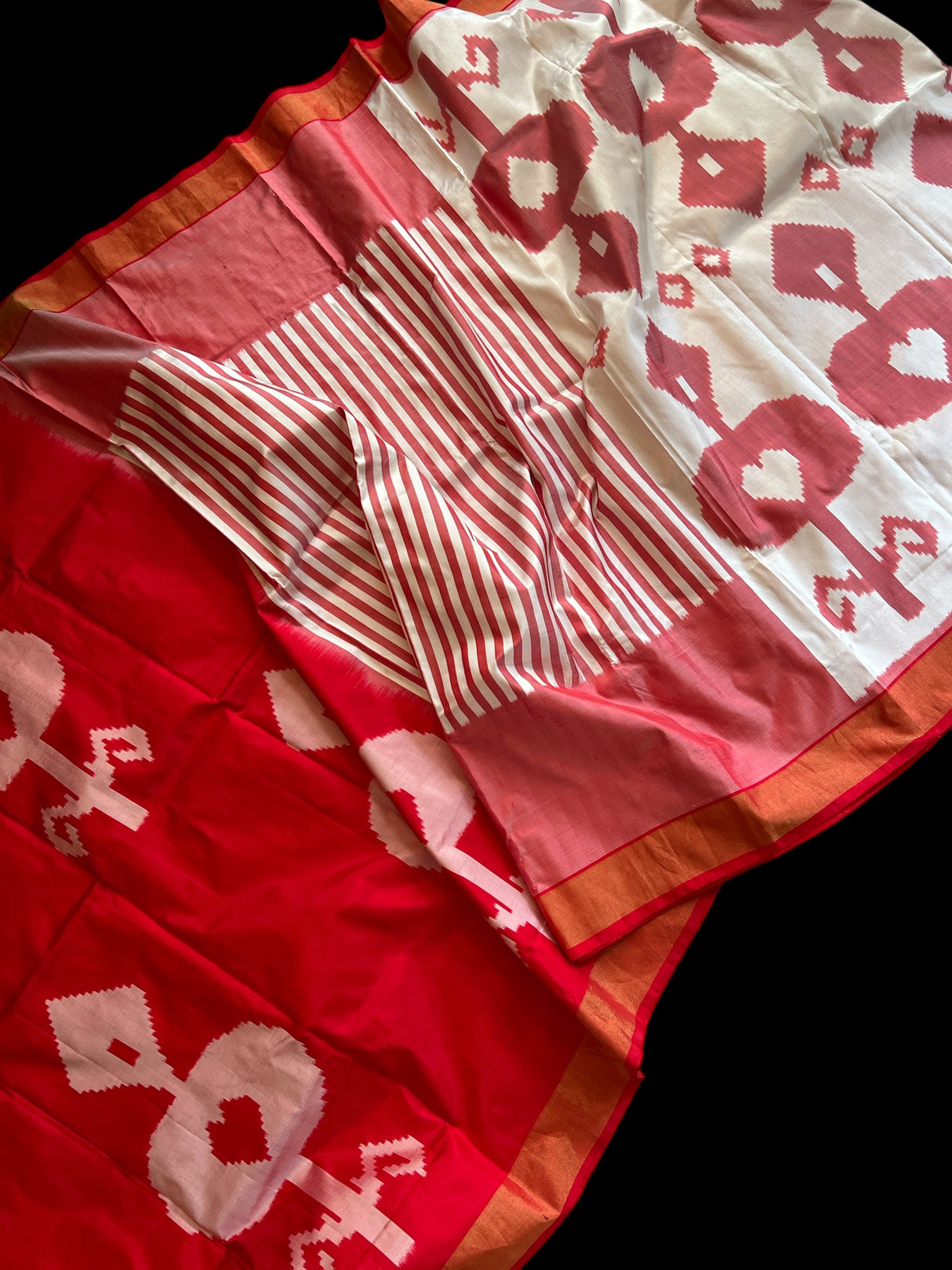 Red White Cambodian Design Ikkat Handloom Pure Silk