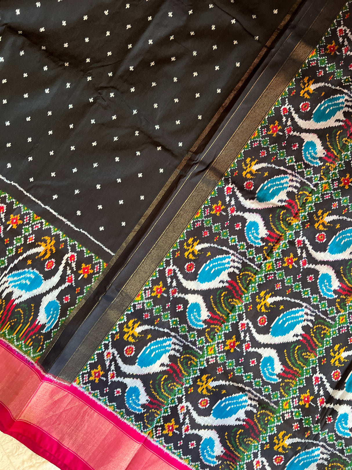 Black Crane Design Ikkat Handloom Pure Silk