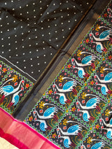 Black Crane Design Ikkat Handloom Pure Silk