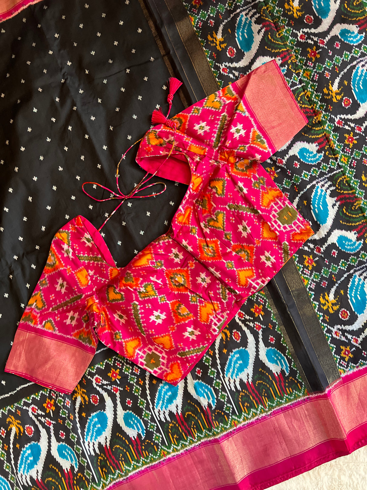 Black Crane Design Ikkat Handloom Pure Silk