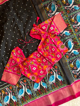 Black Crane Design Ikkat Handloom Pure Silk