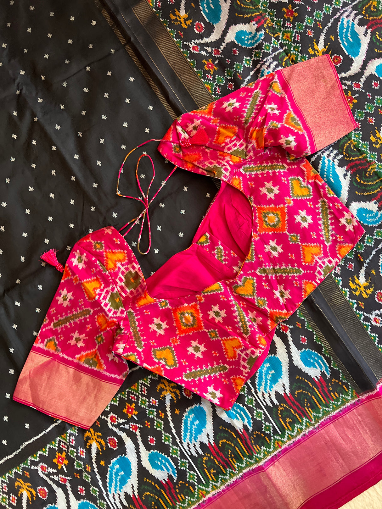 Black Crane Design Ikkat Handloom Pure Silk