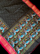 Black Crane Design Ikkat Handloom Pure Silk
