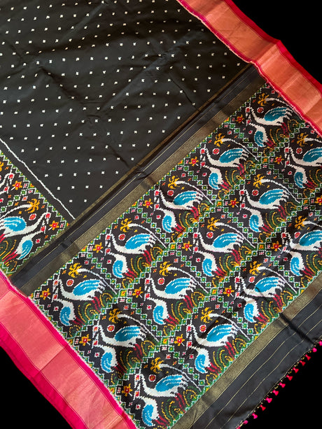 Black Crane Design Ikkat Handloom Pure Silk