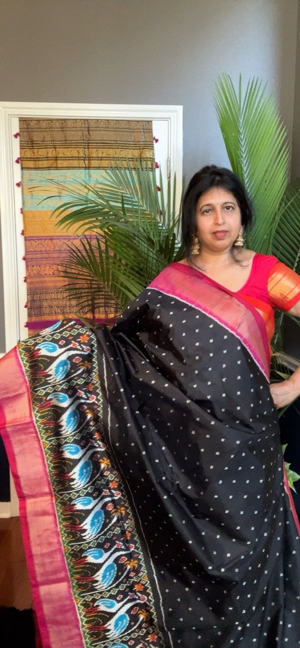 Black Crane Design Ikkat Handloom Pure Silk