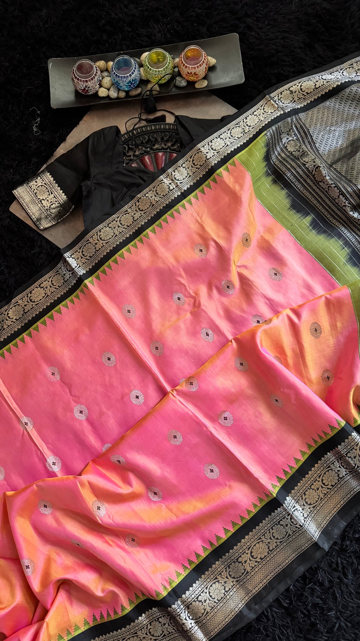 Peachy Pink Black Silver Zari Gadwal Pure SIlk