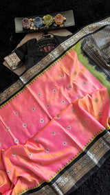 Peachy Pink Black Silver Zari Gadwal Pure SIlk