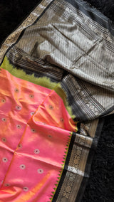 Peachy Pink Black Silver Zari Gadwal Pure SIlk
