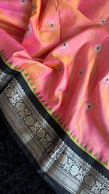 Peachy Pink Black Silver Zari Gadwal Pure SIlk