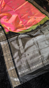 Peachy Pink Black Silver Zari Gadwal Pure SIlk