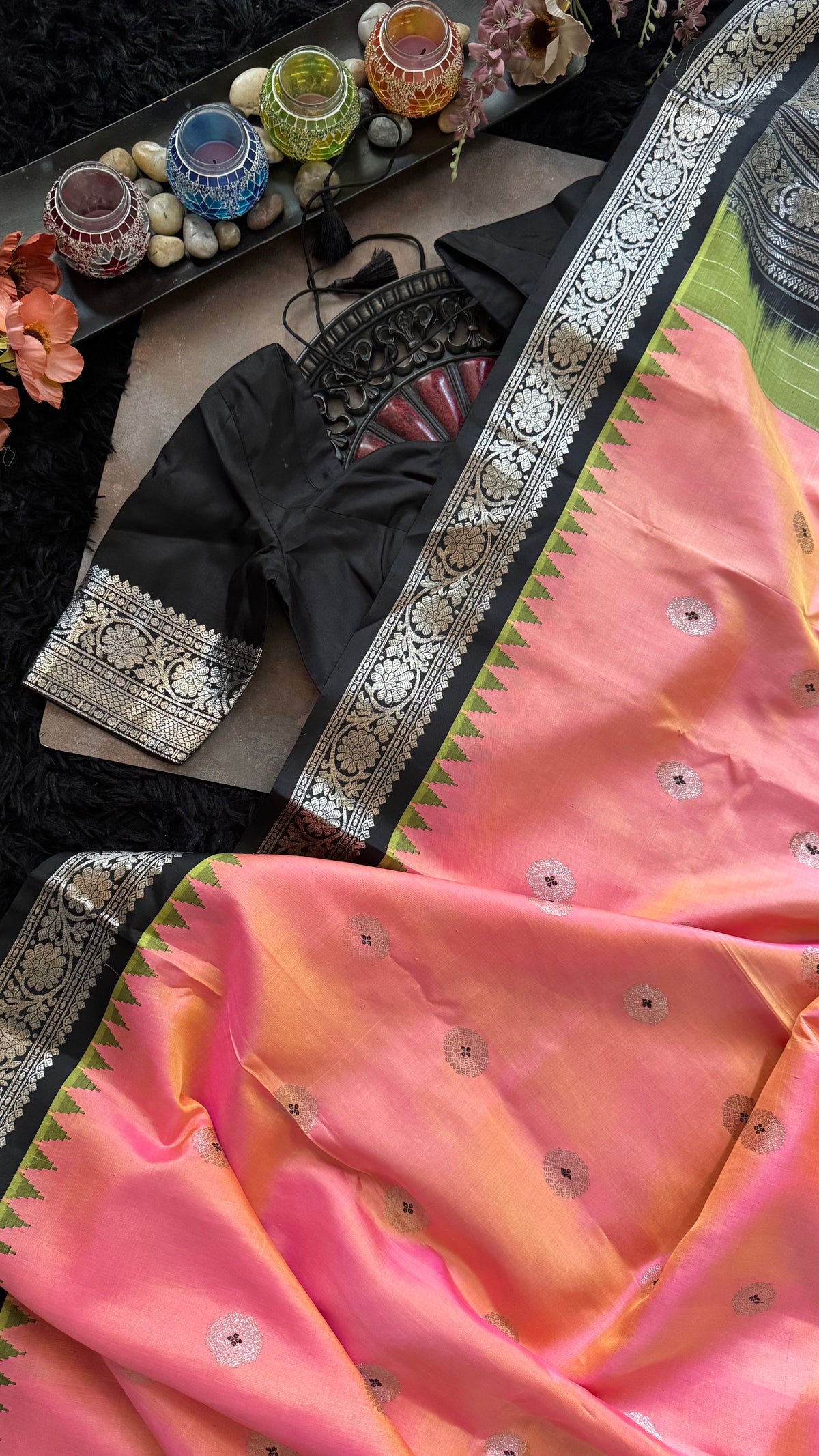 Peachy Pink Black Silver Zari Gadwal Pure SIlk