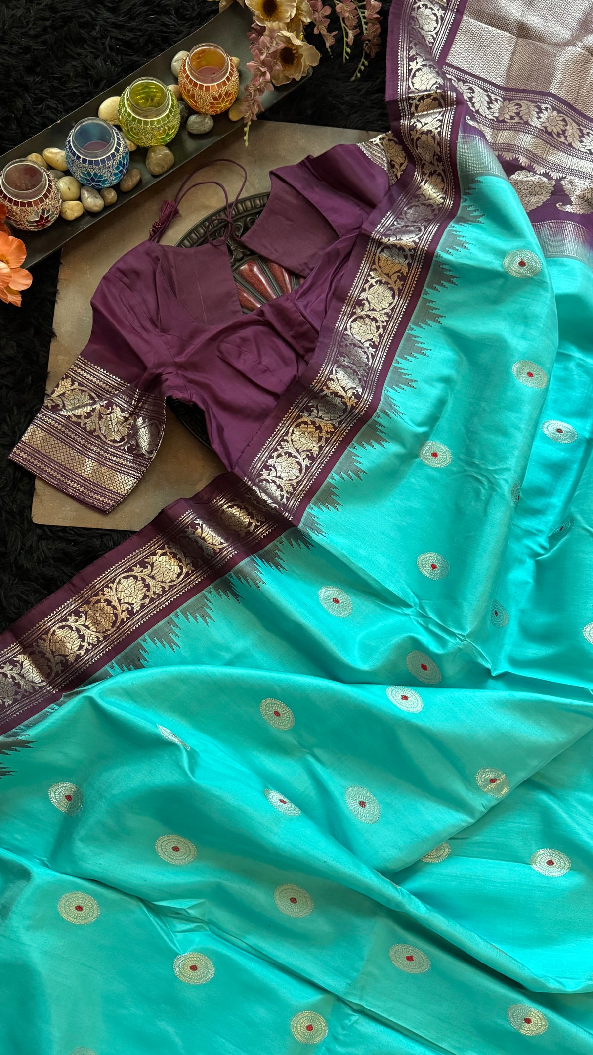 Turquoise Plum Silver Zari Gadwal Pure Silk