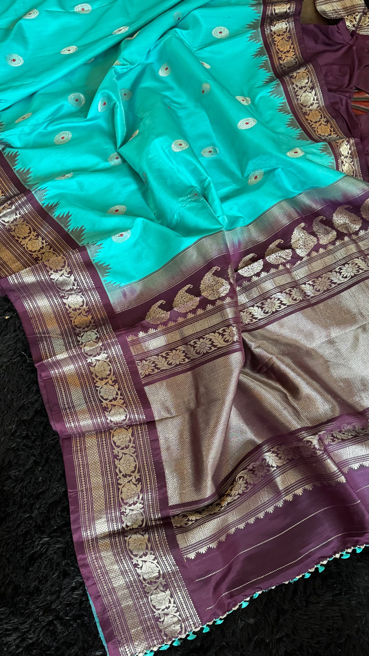 Turquoise Plum Silver Zari Gadwal Pure Silk