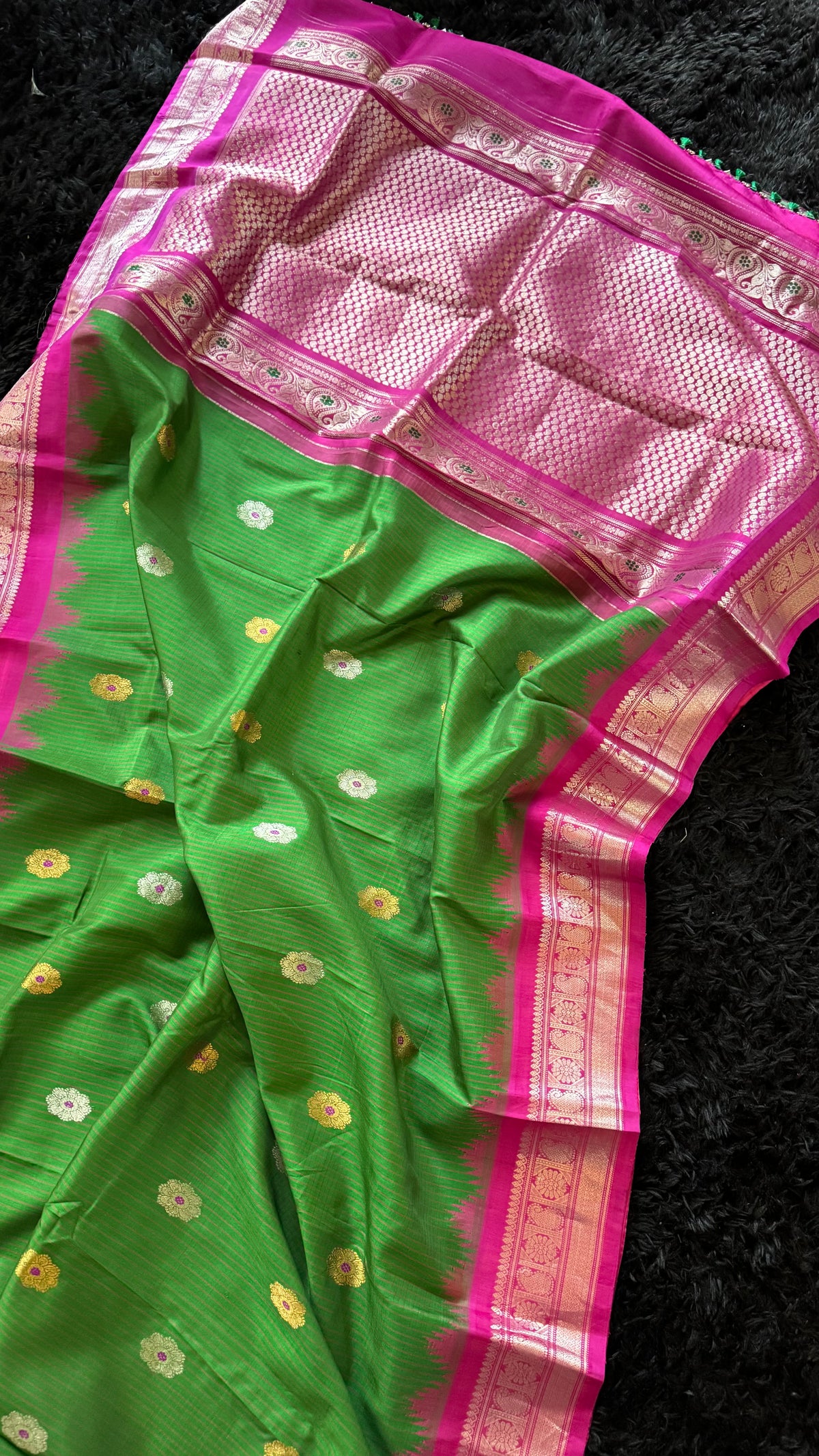 Green Pink Silver Zari Gadwal Pure Silk