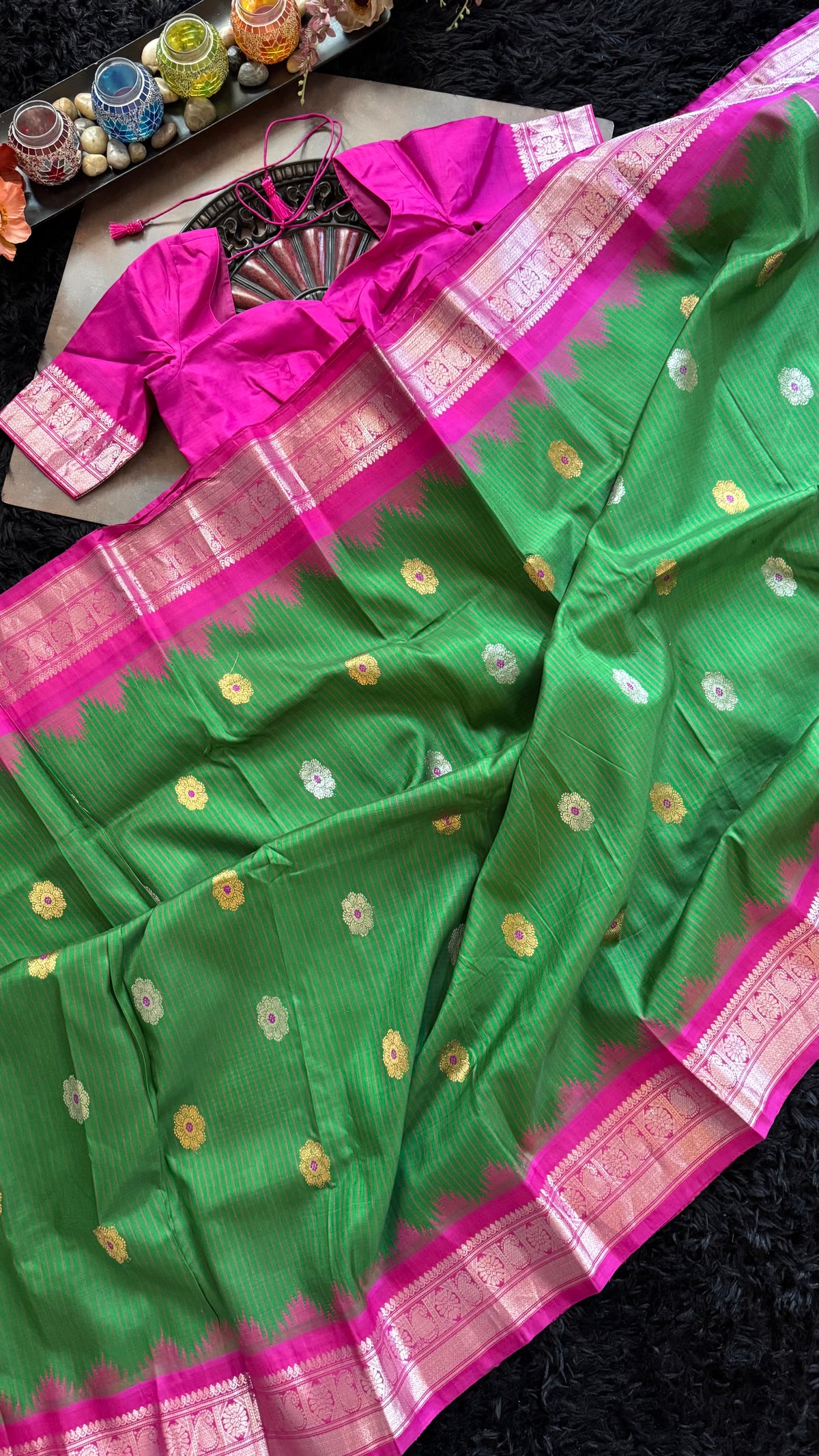 Green Pink Silver Zari Gadwal Pure Silk
