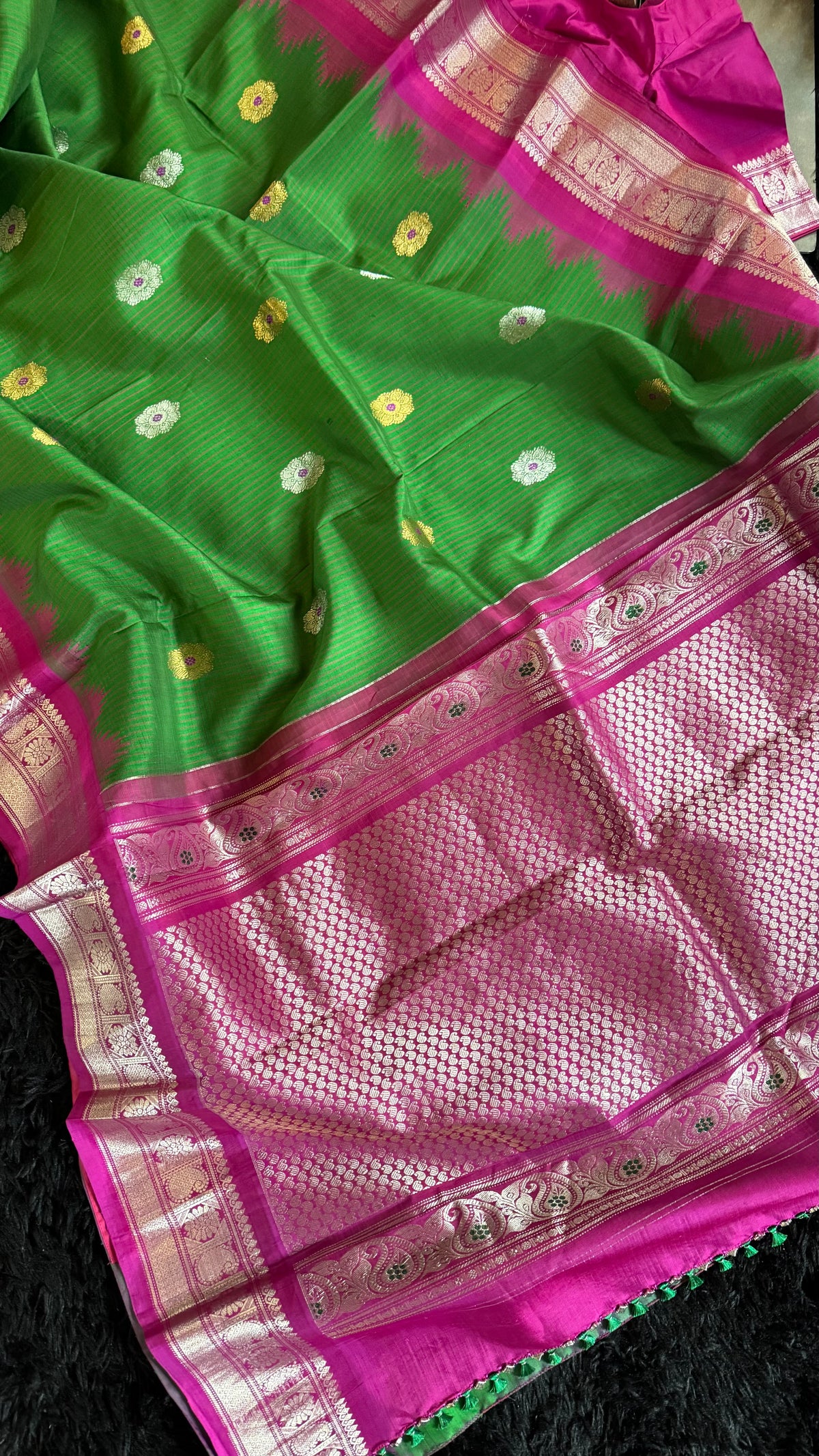 Green Pink Silver Zari Gadwal Pure Silk