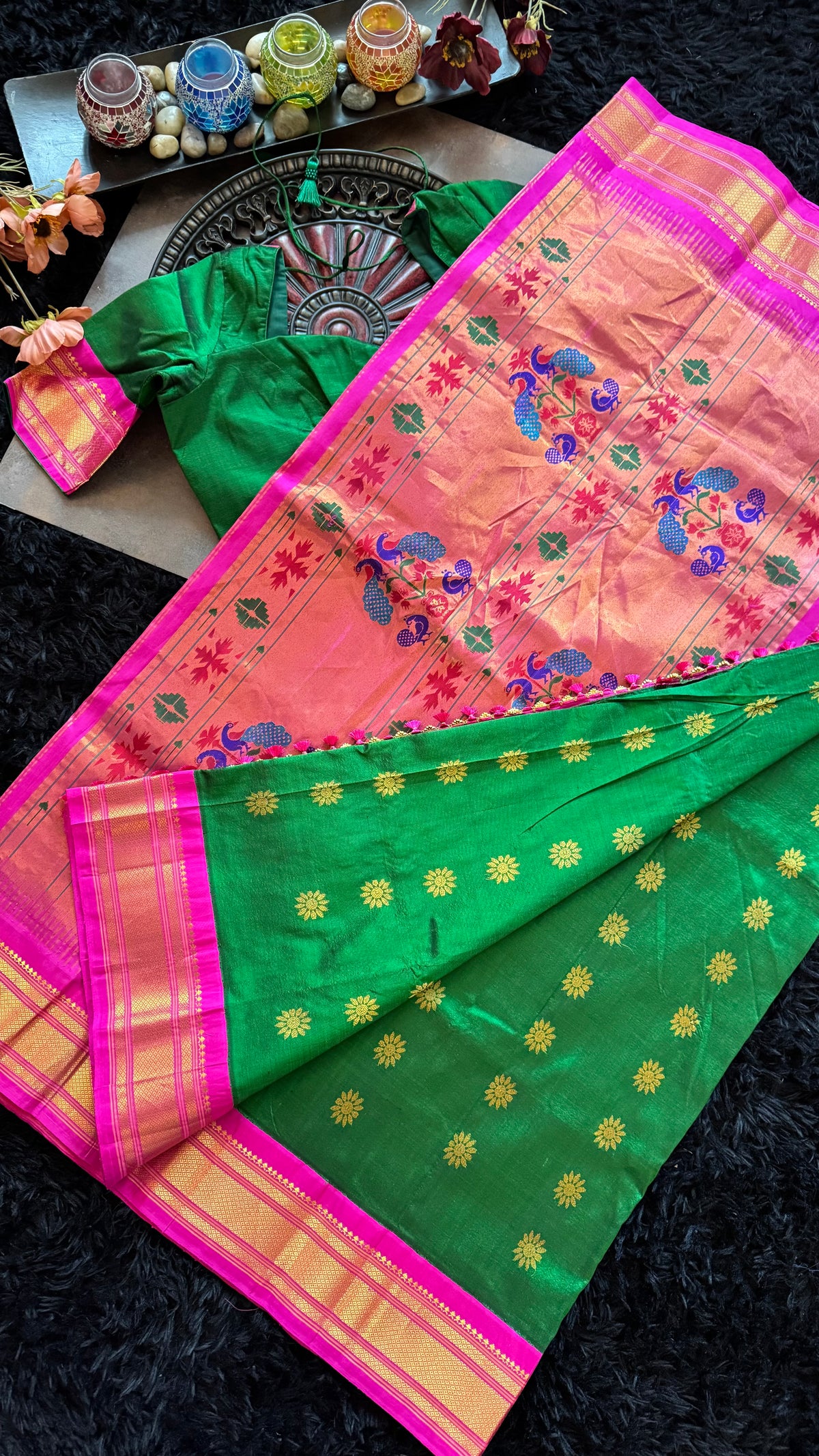 Green Pink Maharani Paithani Handloom Pure Silk
