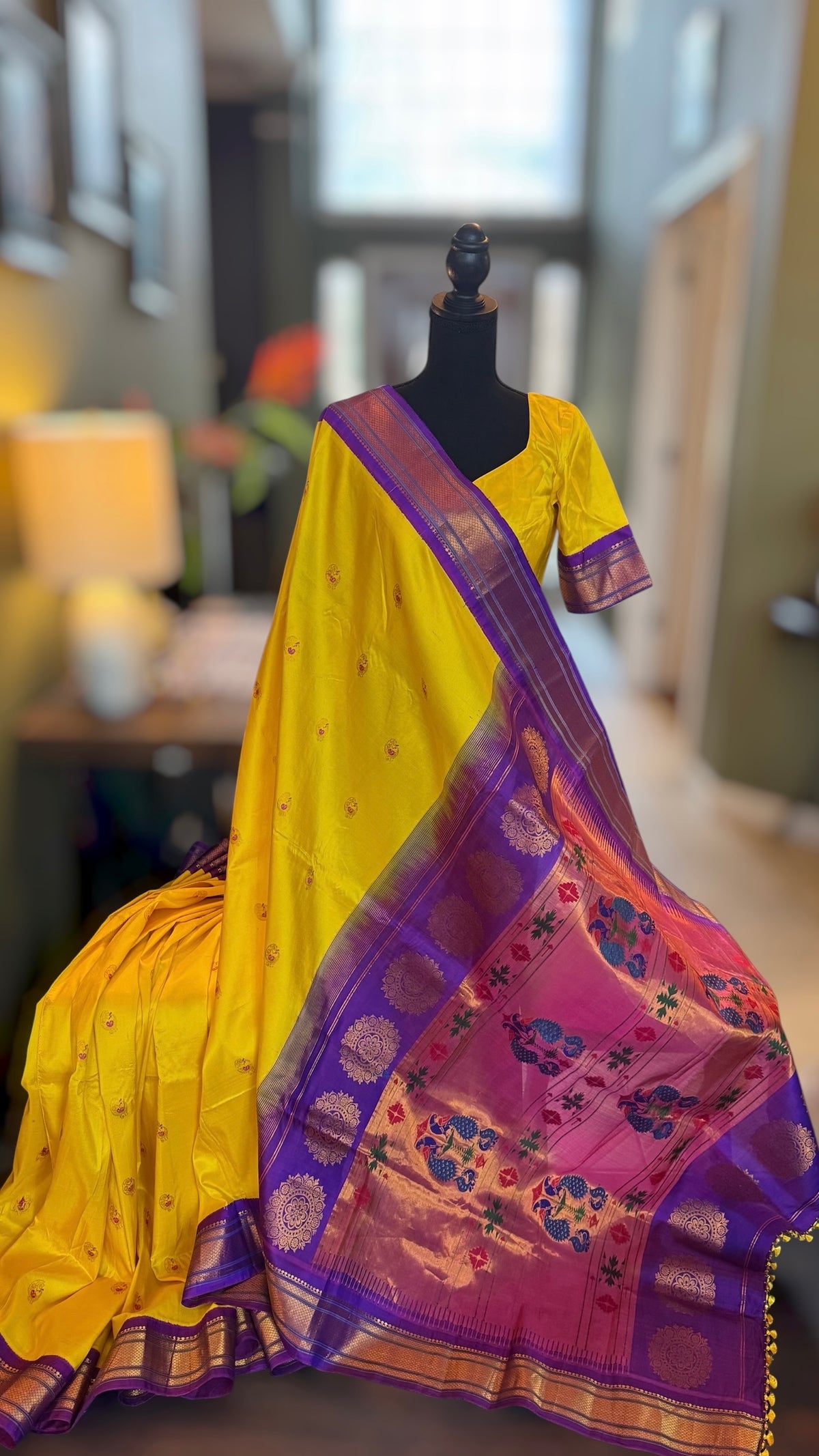 Yellow Purple Maharani Paithani Handloom Pure Silk