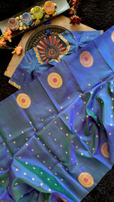 Peacock Blue Maharani Paithani Handloom Pure Silk With Pre-Stitched Blouse