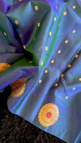Peacock Blue Maharani Paithani Handloom Pure Silk With Pre-Stitched Blouse
