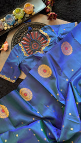 Peacock Blue Maharani Paithani Handloom Pure Silk With Pre-Stitched Blouse