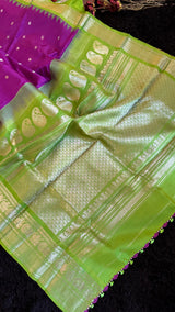 Purple Parrot Green Silver Zari Gadwal Pure Silk