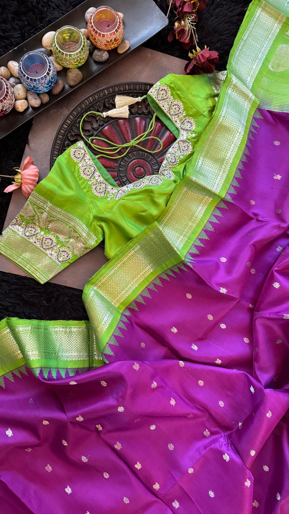 Purple Parrot Green Silver Zari Gadwal Pure Silk