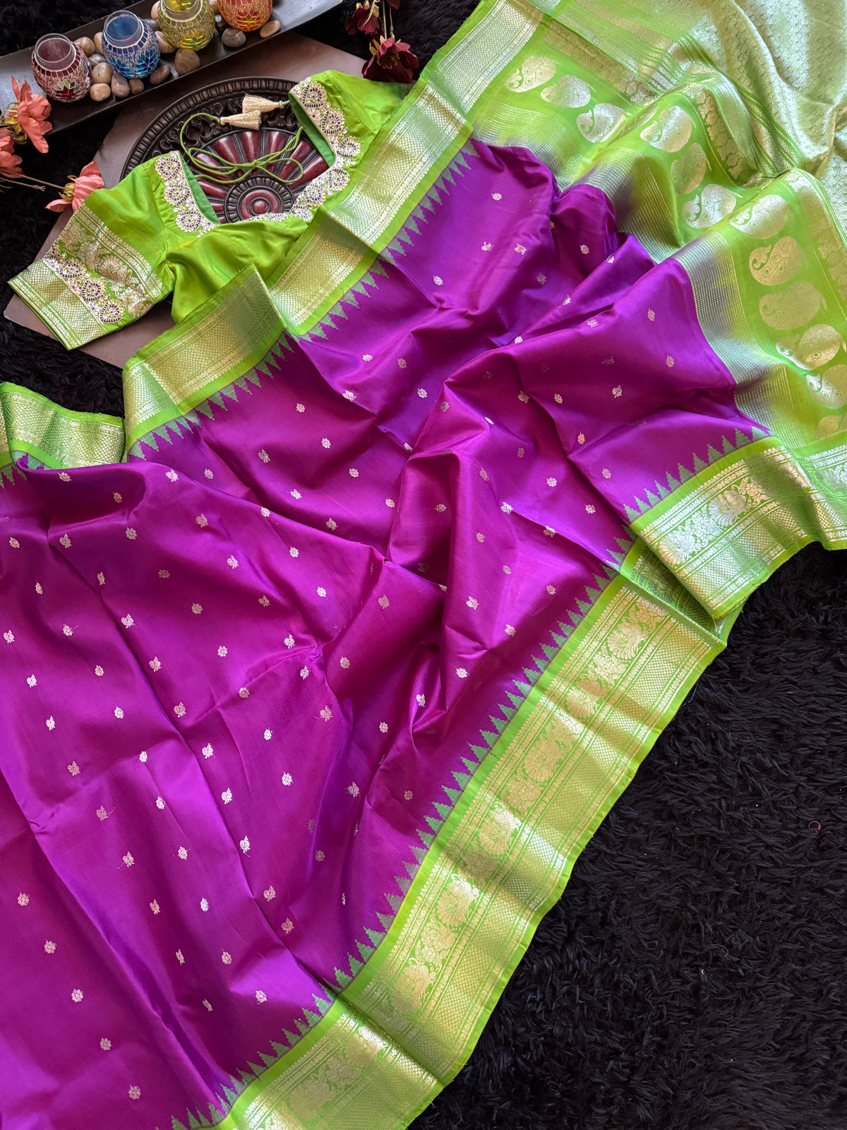 Purple Parrot Green Silver Zari Gadwal Pure Silk