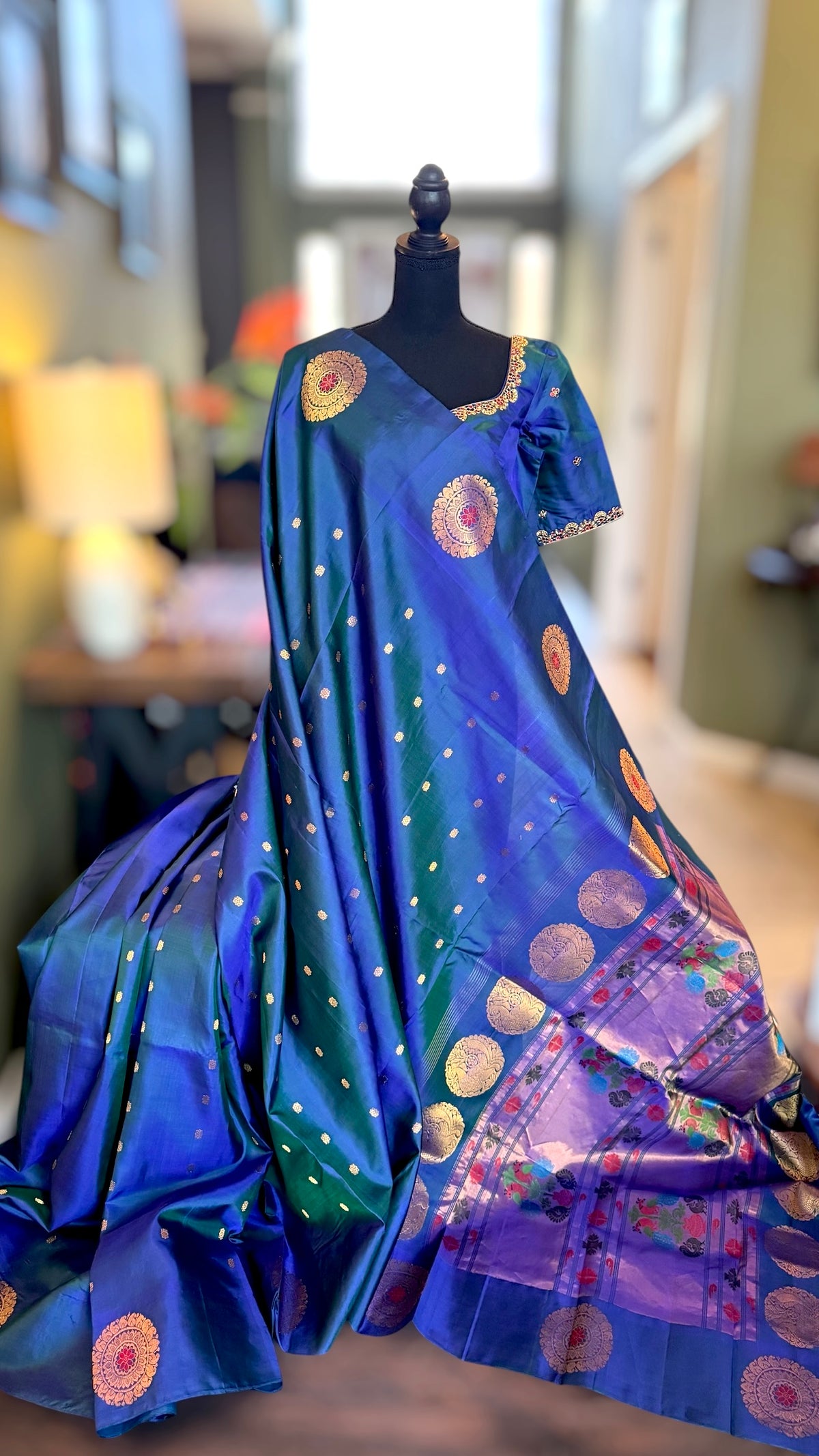 Peacock Blue Maharani Paithani Handloom Pure Silk With Pre-Stitched Blouse