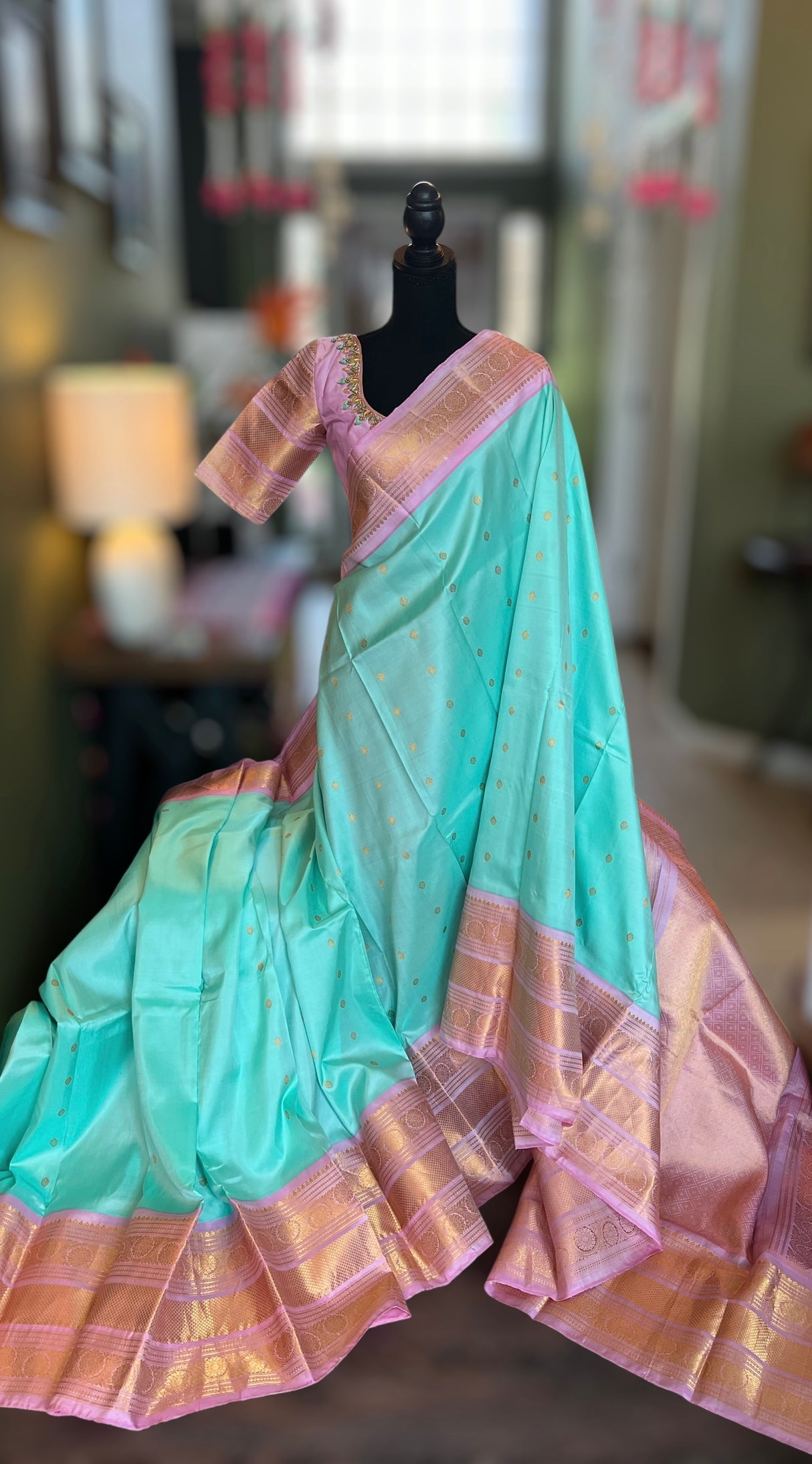 Blue Pink Gadwal Kanchi Pure Silk