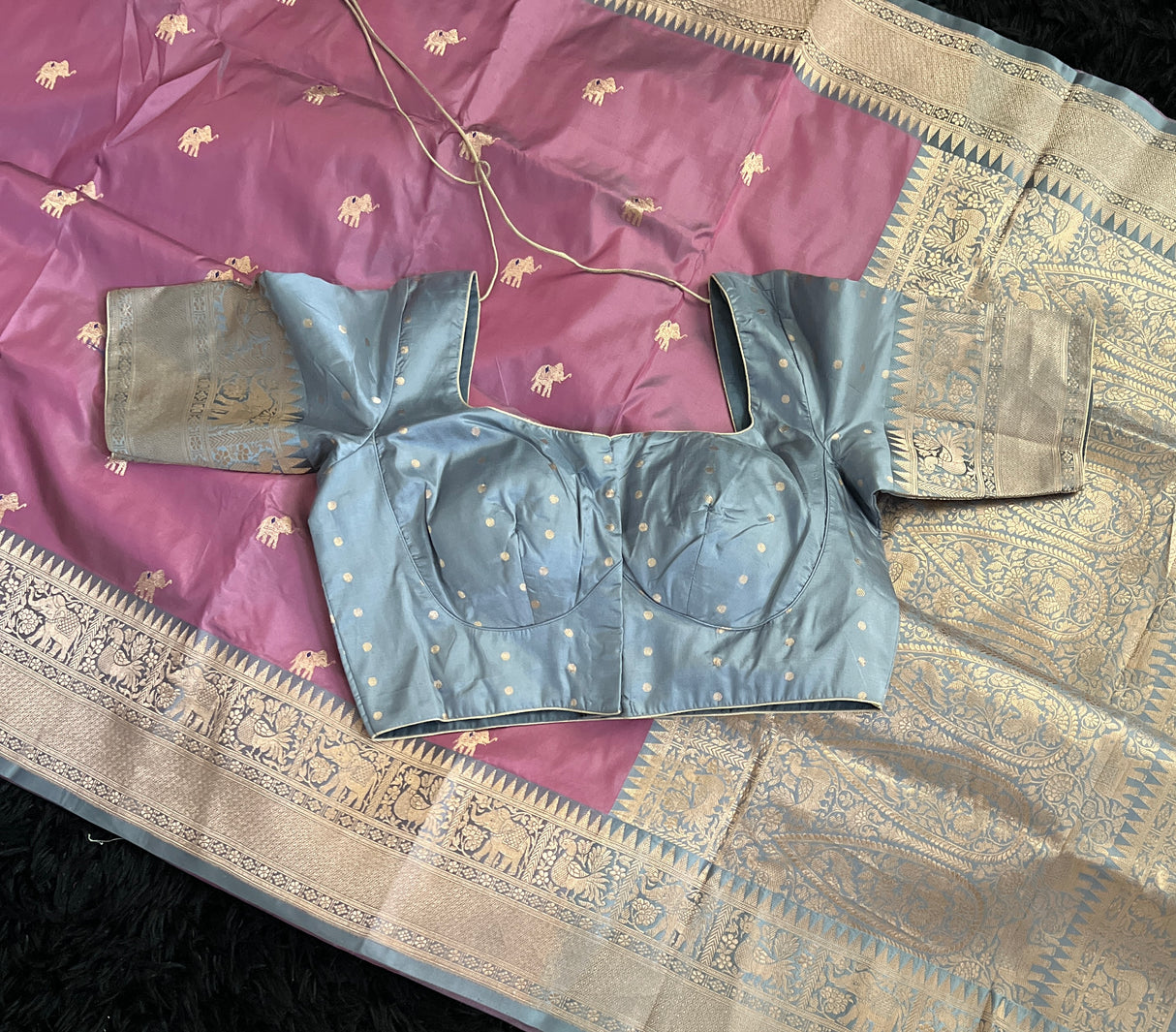 Banaras Katan Silk Kaduwa Motifs Shikargah with Pre-Stitched Blouse