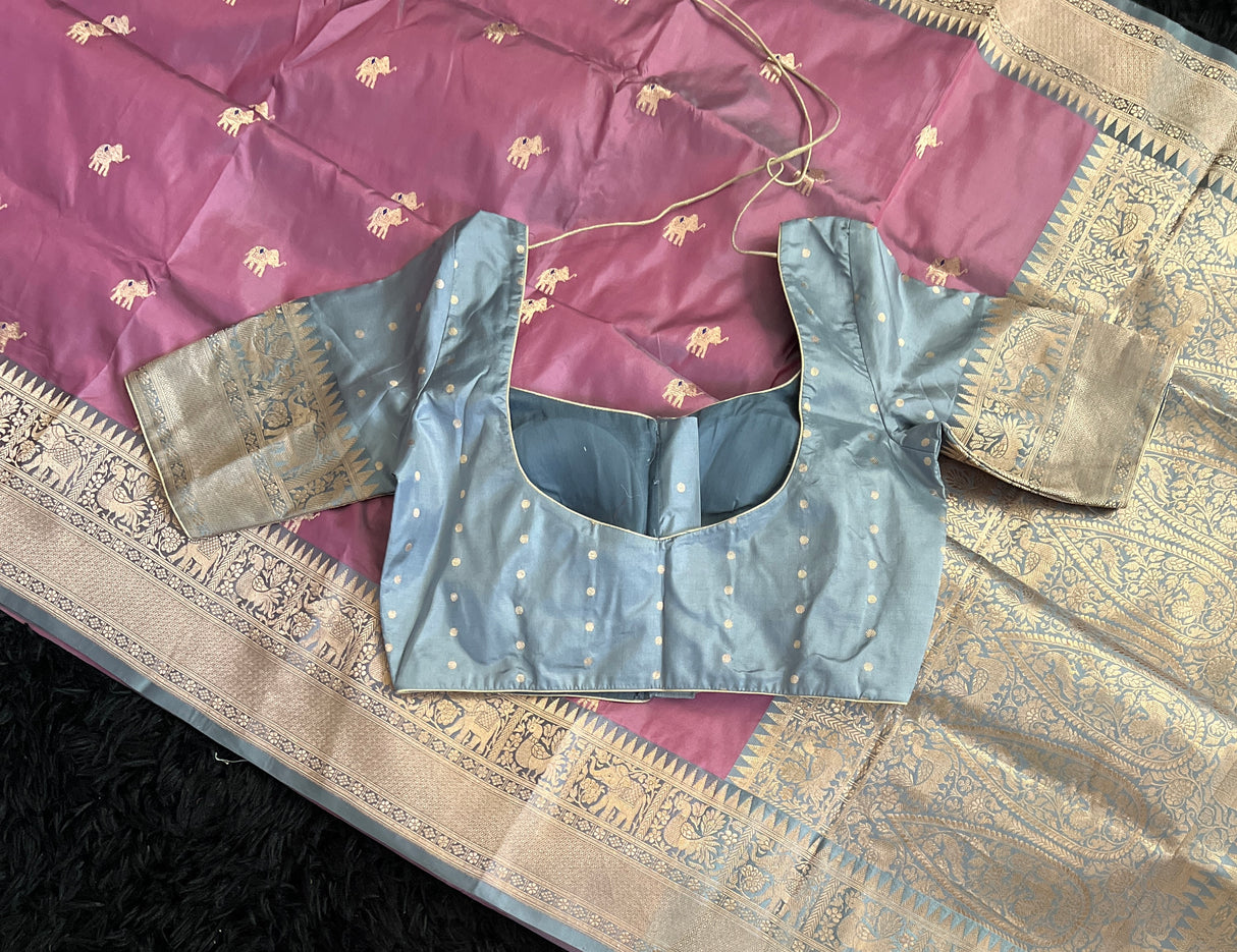 Banaras Katan Silk Kaduwa Motifs Shikargah with Pre-Stitched Blouse