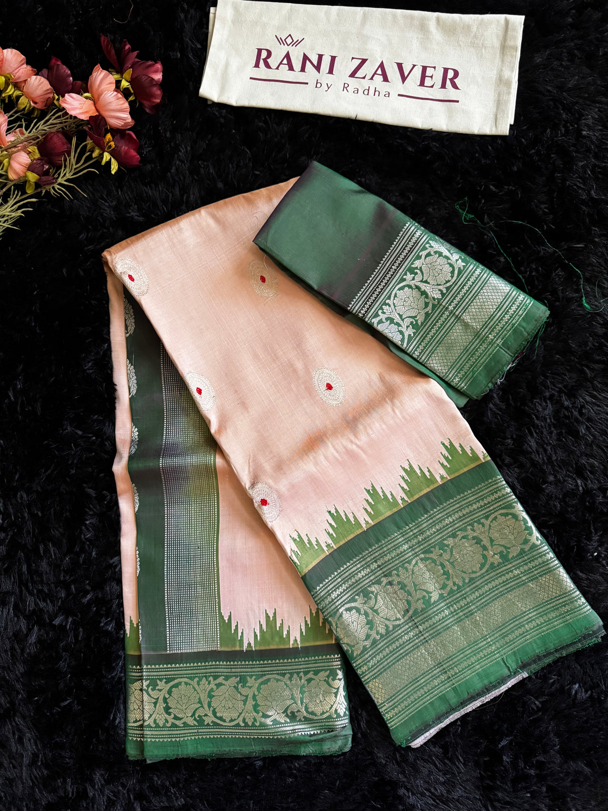 Pastel Pink/Bottle Green Silver Zari Gadwal Handloom Pure Silk