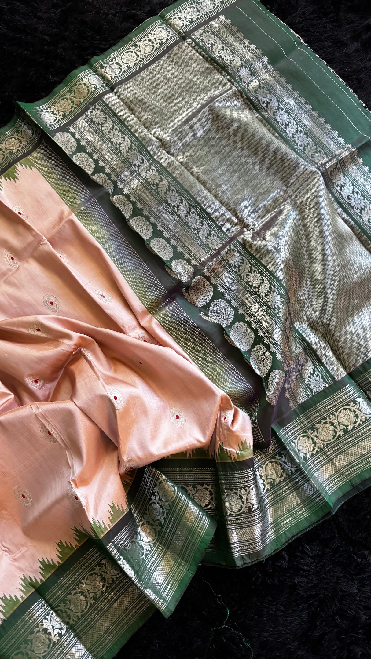 Pastel Pink/Bottle Green Silver Zari Gadwal Handloom Pure Silk