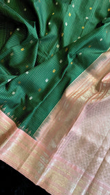 Forest Green/Peachy Pink Tiny Checks Gadwal Handloom Pure Silk