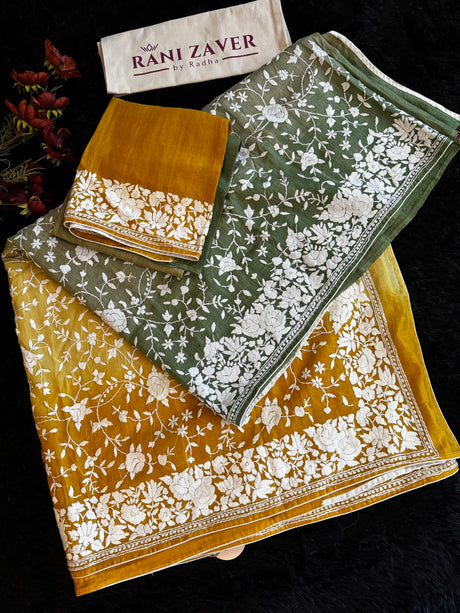 Shaded Parsi Embroidered Gachi Tussar Silk