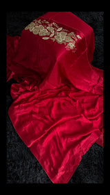 Red Chinon Satin With Single Antique Gold Aari Motif