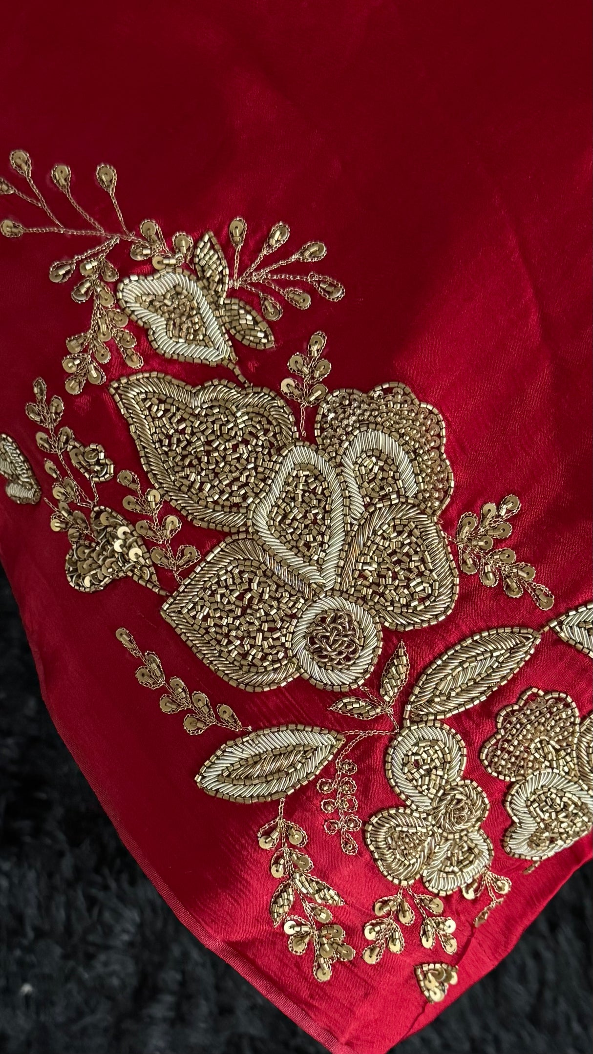 Red Chinon Satin With Single Antique Gold Aari Motif